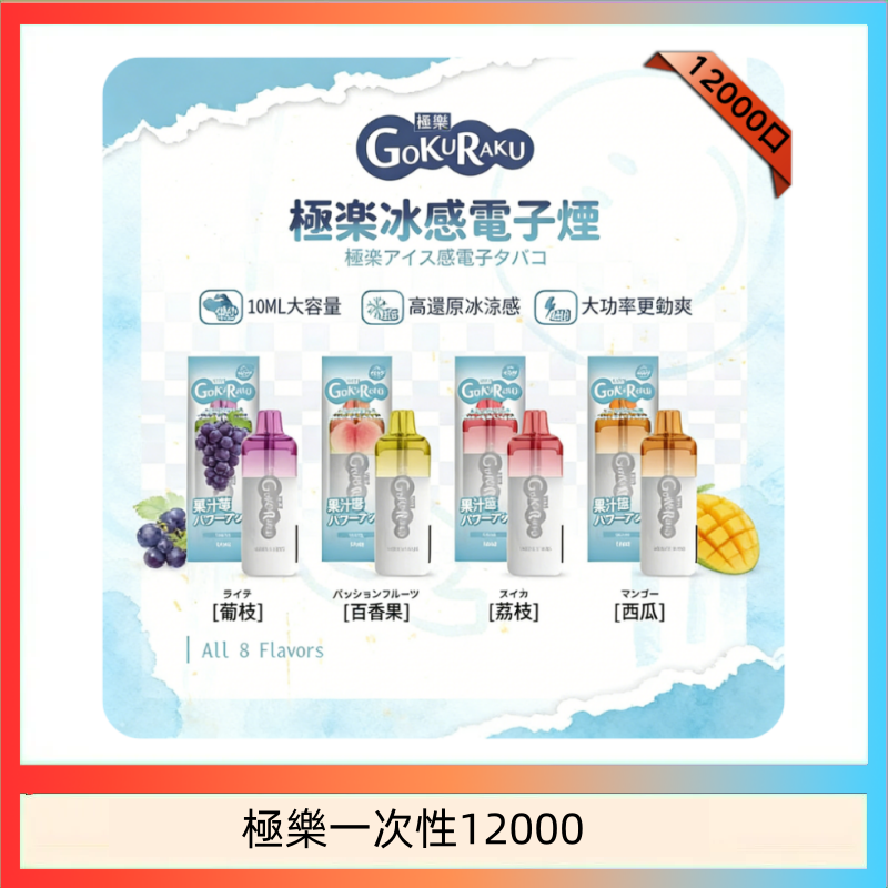 【8種口味】極楽 12000口一次性電子煙|超大容量 |口感絲滑|新品